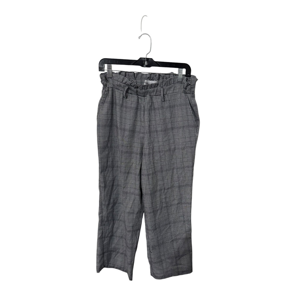 Fever Womens Plaid Paperbag Waist Cropped Pants Black White Glen Check Size M